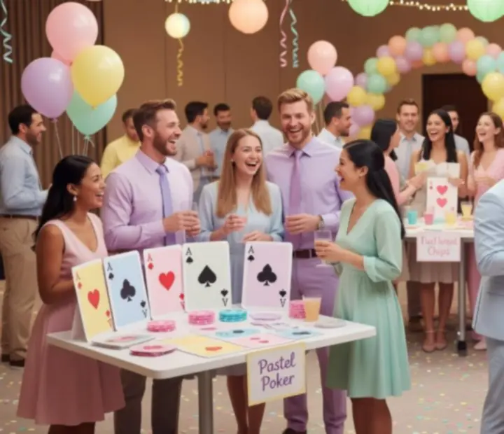 Goście bawiący się na pastelowym casino party